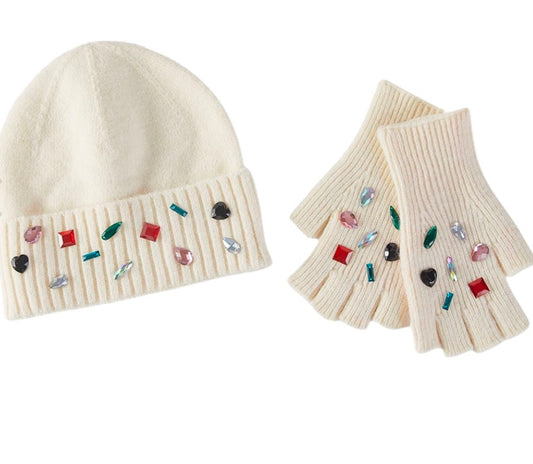 Bedazzled hat and fingerless gloves set
