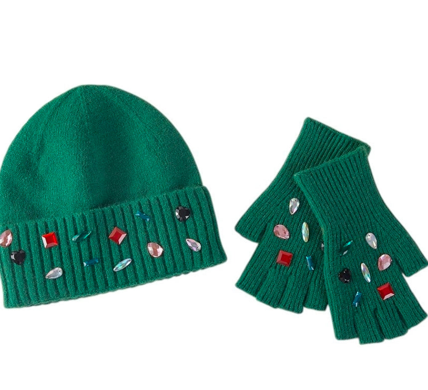 Bedazzled hat and fingerless gloves set