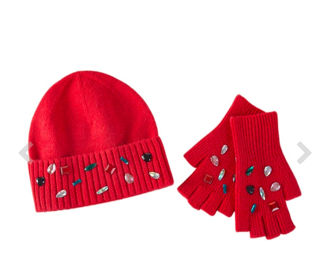 Bedazzled hat and fingerless gloves set